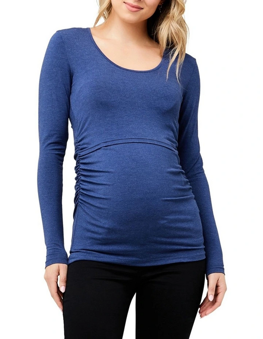 Blue Solid Maternity top with lift up Nursing Access
