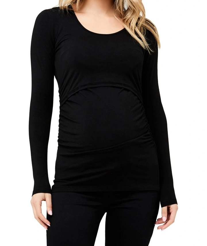 Black Solid Maternity Top with lift up Nursing Access