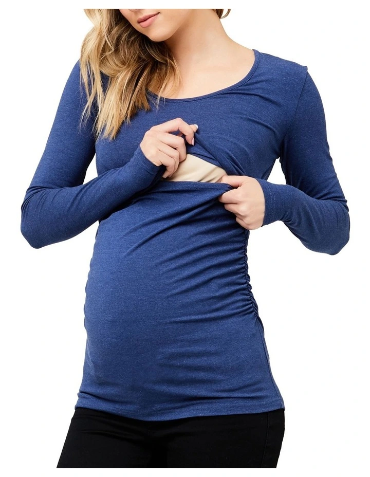 Blue Solid Maternity top with lift up Nursing Access