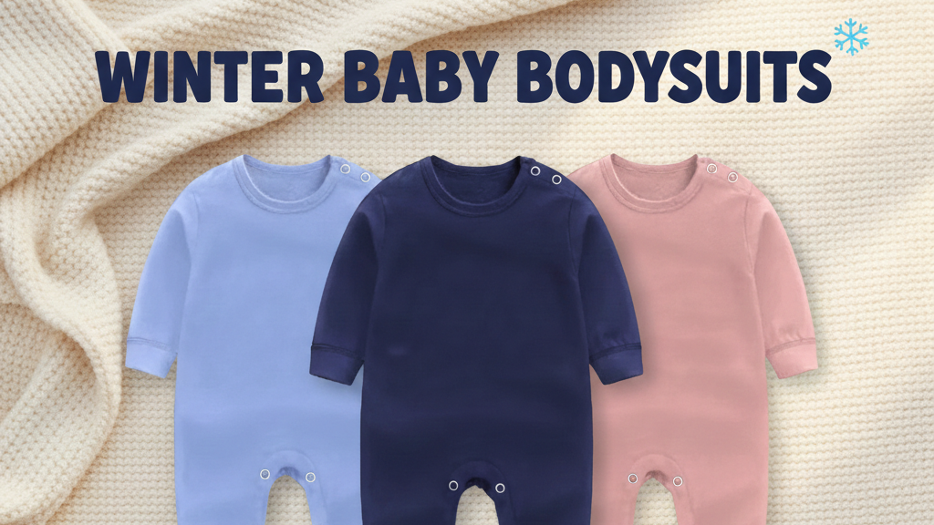 Three baby bodysuits in blue, navy, and pink on a textured beige background with winter-themed decorations.