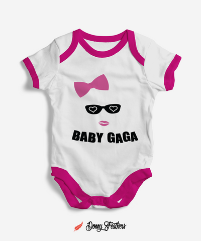 Branded Baby Bodysuits | Baby Gaga Romper (White & Pink) By: Donny Feathers