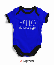 Baby Rompers | Hello I Am New Here Romper (Blue) By: Donny Feathers