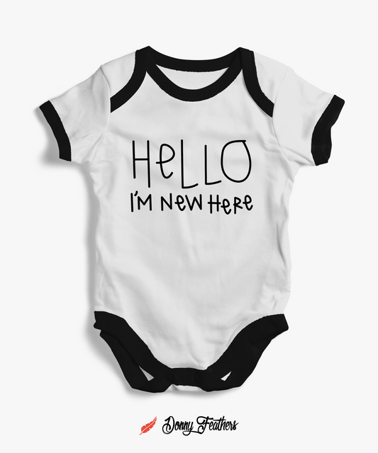 Baby Rompers | Hello I Am New Here Romper (White & Black) By: Donny Feathers