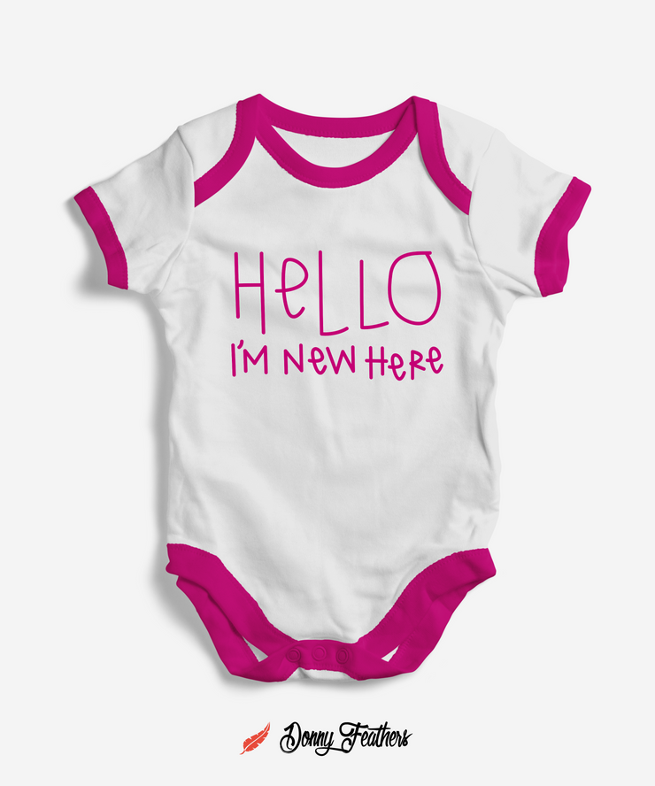 Baby Rompers | Hello I Am New Here Romper (White & Pink) By: Donny Feathers