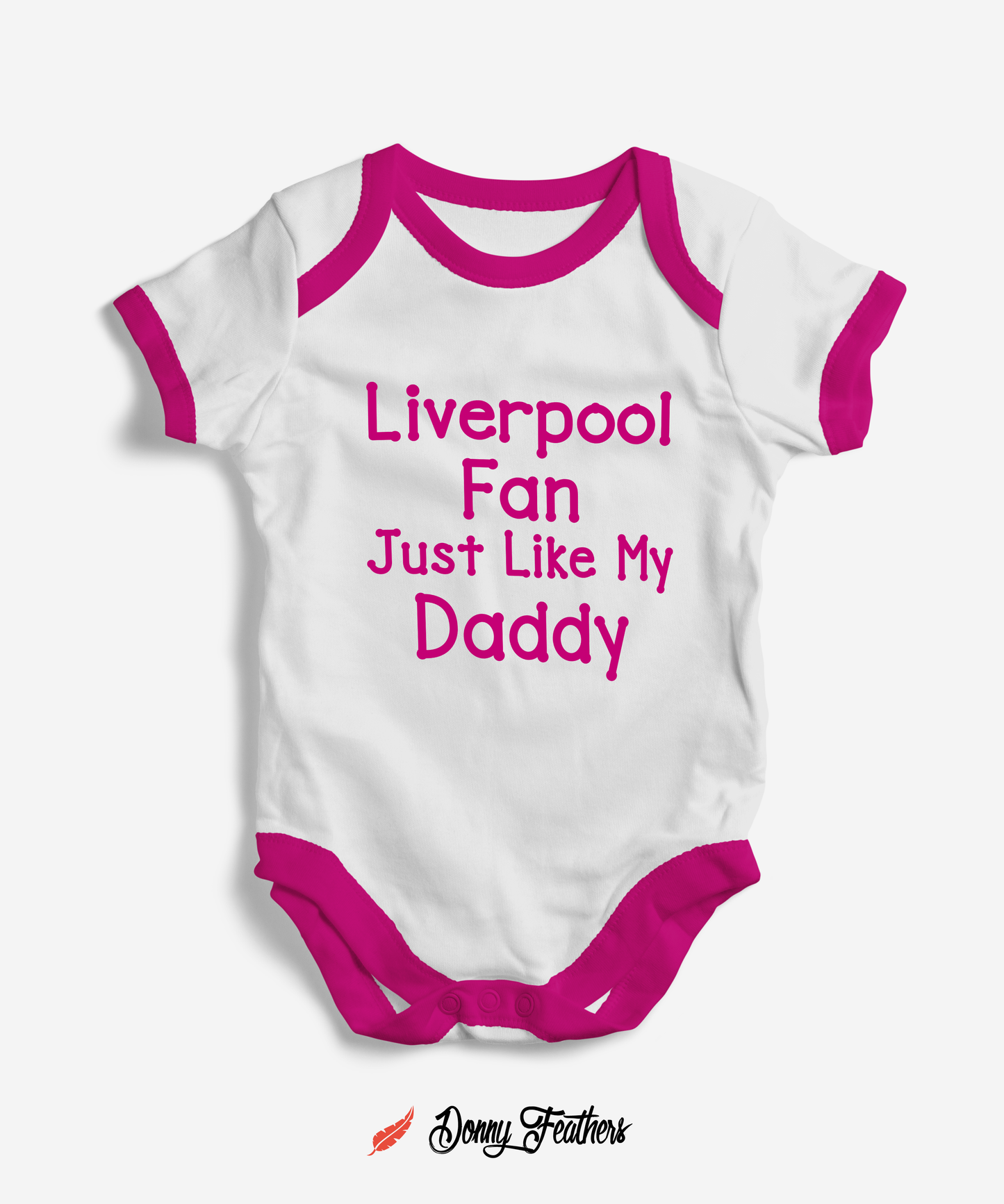 Baby Bodysuits | Liverpool Fan Baby Romper (White & Pink) By: Donny Feathers