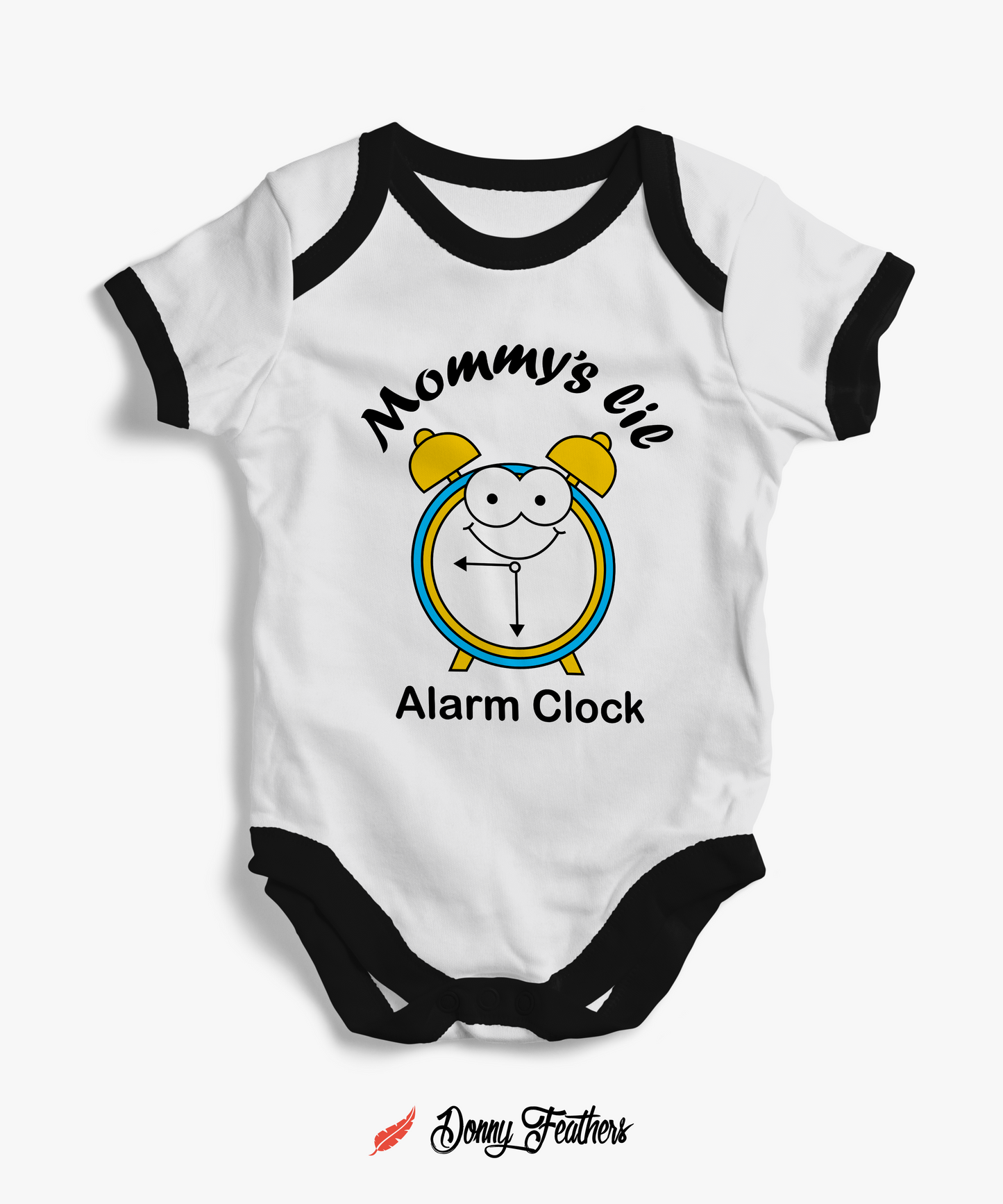 Baby Rompers For Girls | Mommy's Alarm Clock Romper (White & Black) By: Donny Feathers