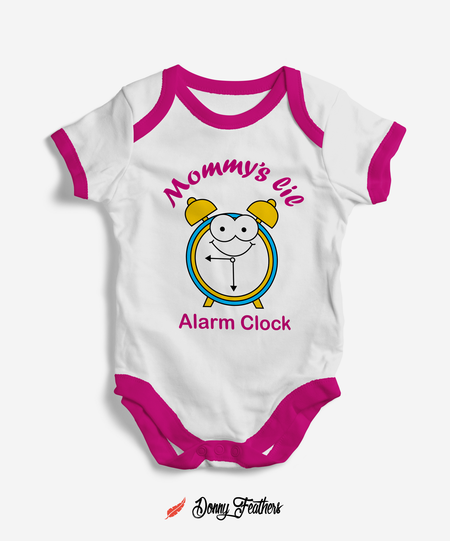 Baby Rompers For Girls | Mommy's Alarm Clock Romper (White & Pink) By: Donny Feathers