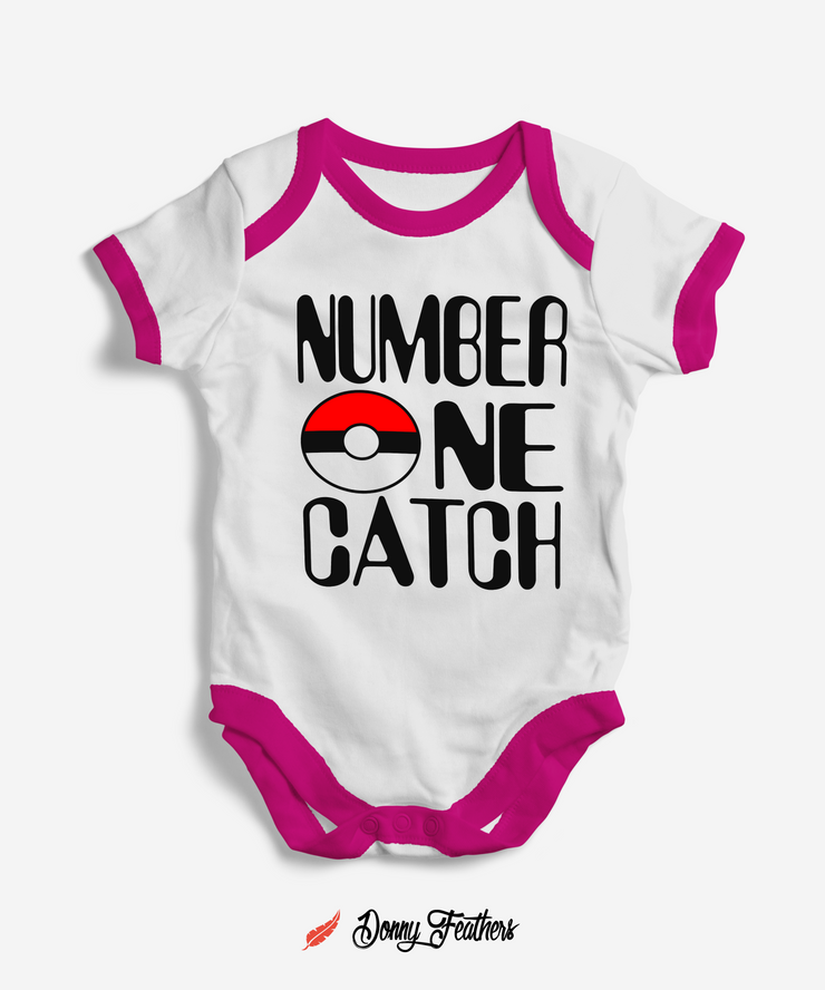 Baby Rompers For Summer | Number One Catch Baby Romper (White & Pink) By: Donny Feathers