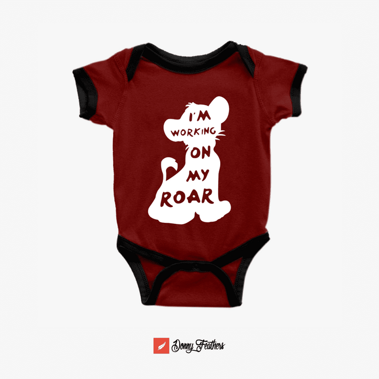 Boys Jumpsuits | I Am Working On My Roar Romper (Red) By: Donny Feathers