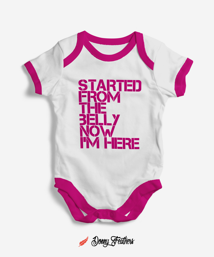 Baby Bodysuits | Started From The Belly Romper (White & Pink) By: Donny Feathers
