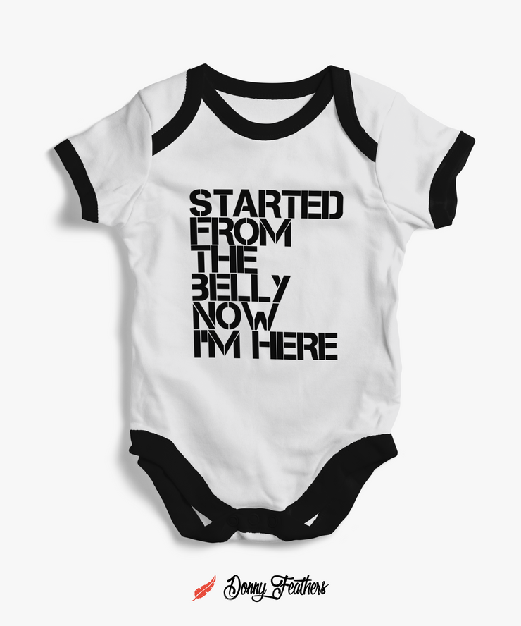 Baby Bodysuits | Started From The Belly Romper (White & Black) By: Donny Feathers
