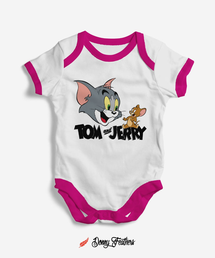 Baby Bodysuits | Tom & Jerry Bodysuit (White & Pink) By: Donny Feathers